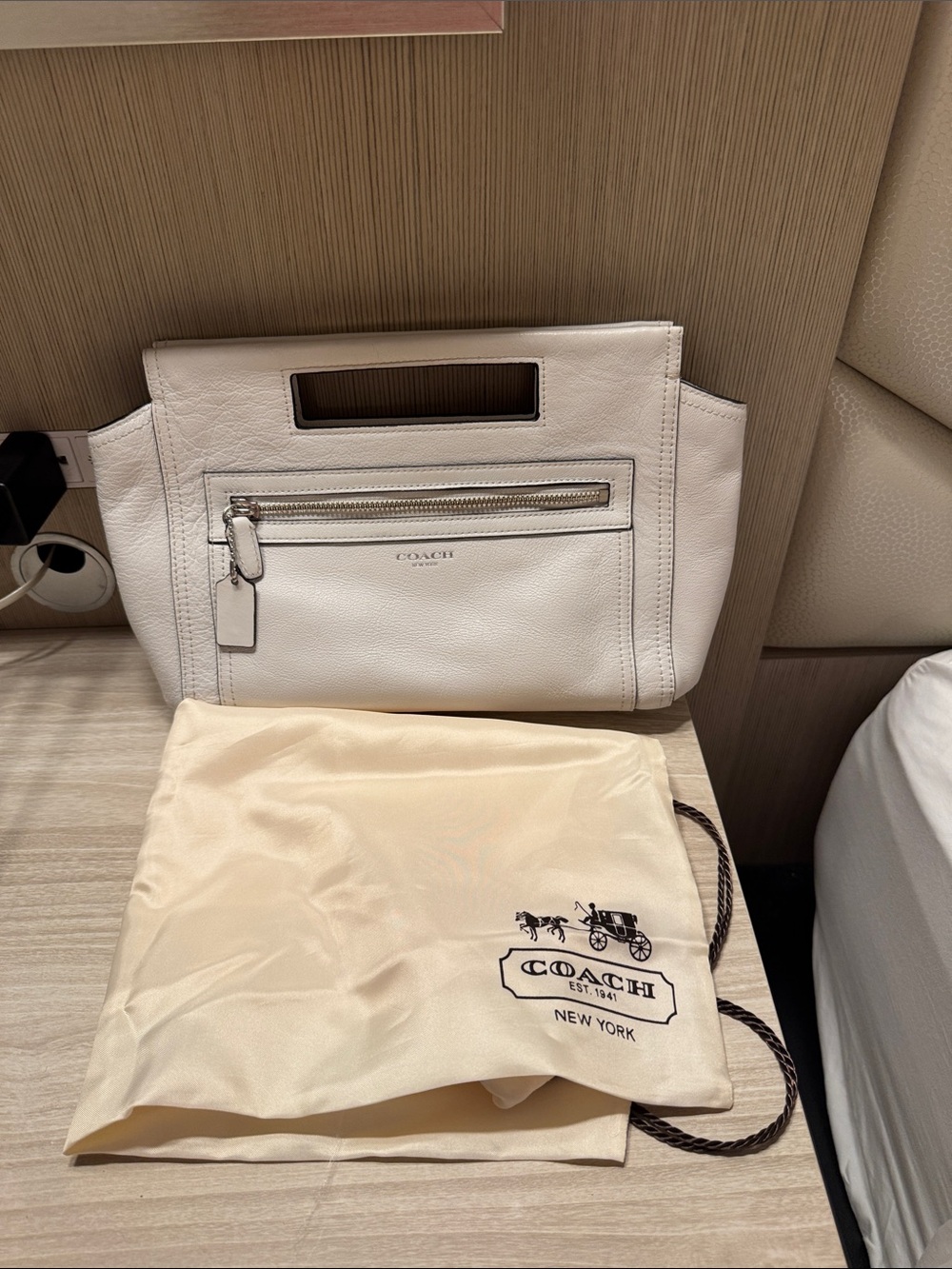 Coach white leather legacy basket clutch with silk dustbag